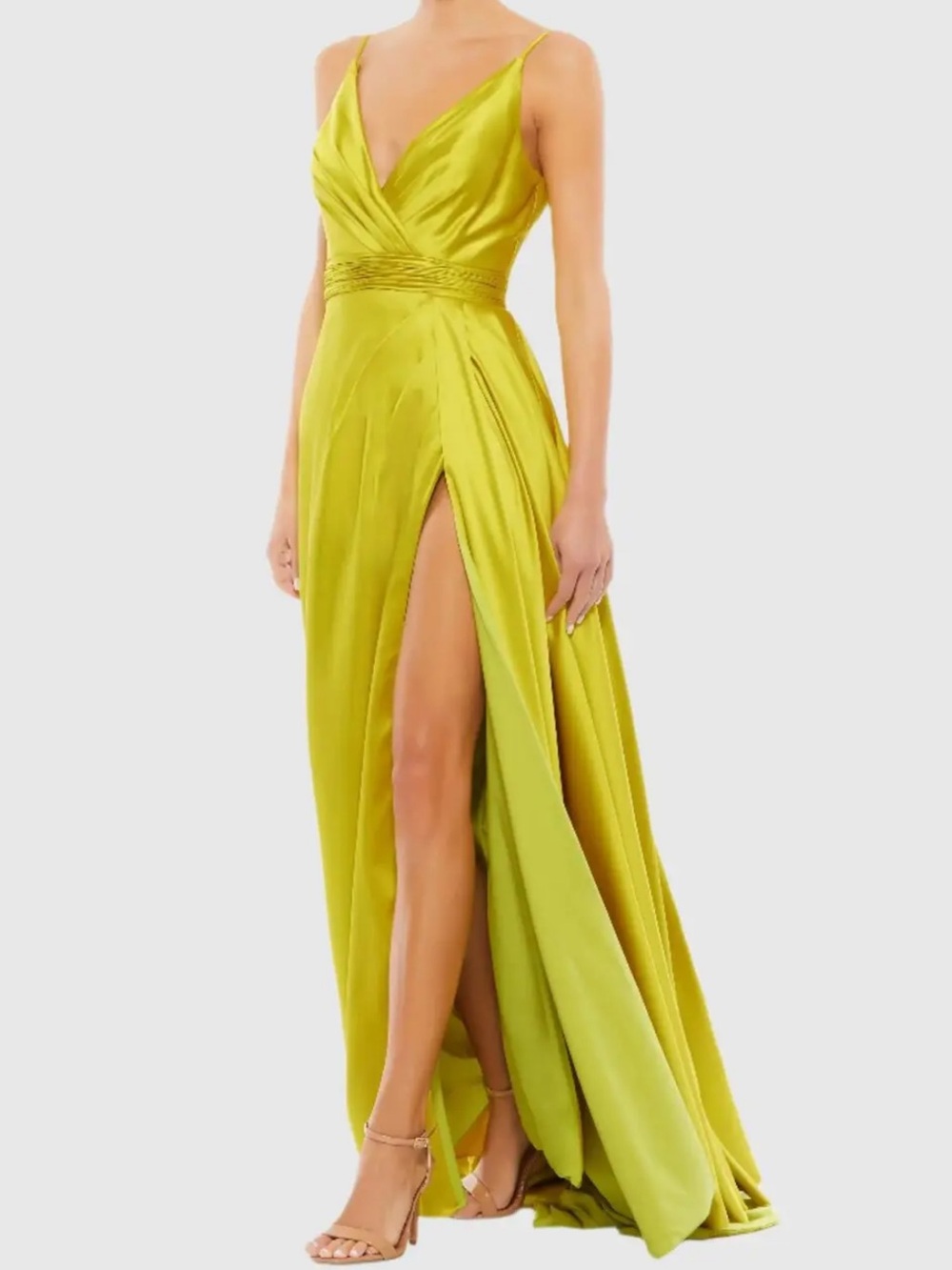 MAC DUGGAL WRAP FRONT PLEATED SATIN CHARTREUSE SATIN